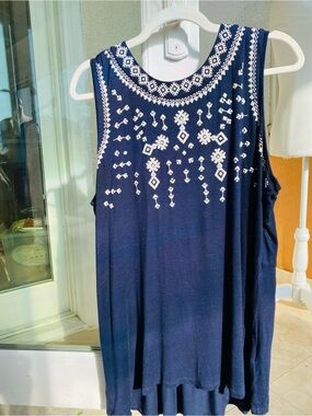 Style & Co Navy Embroidered Sleeveless Top 1X Boho Swing Tank